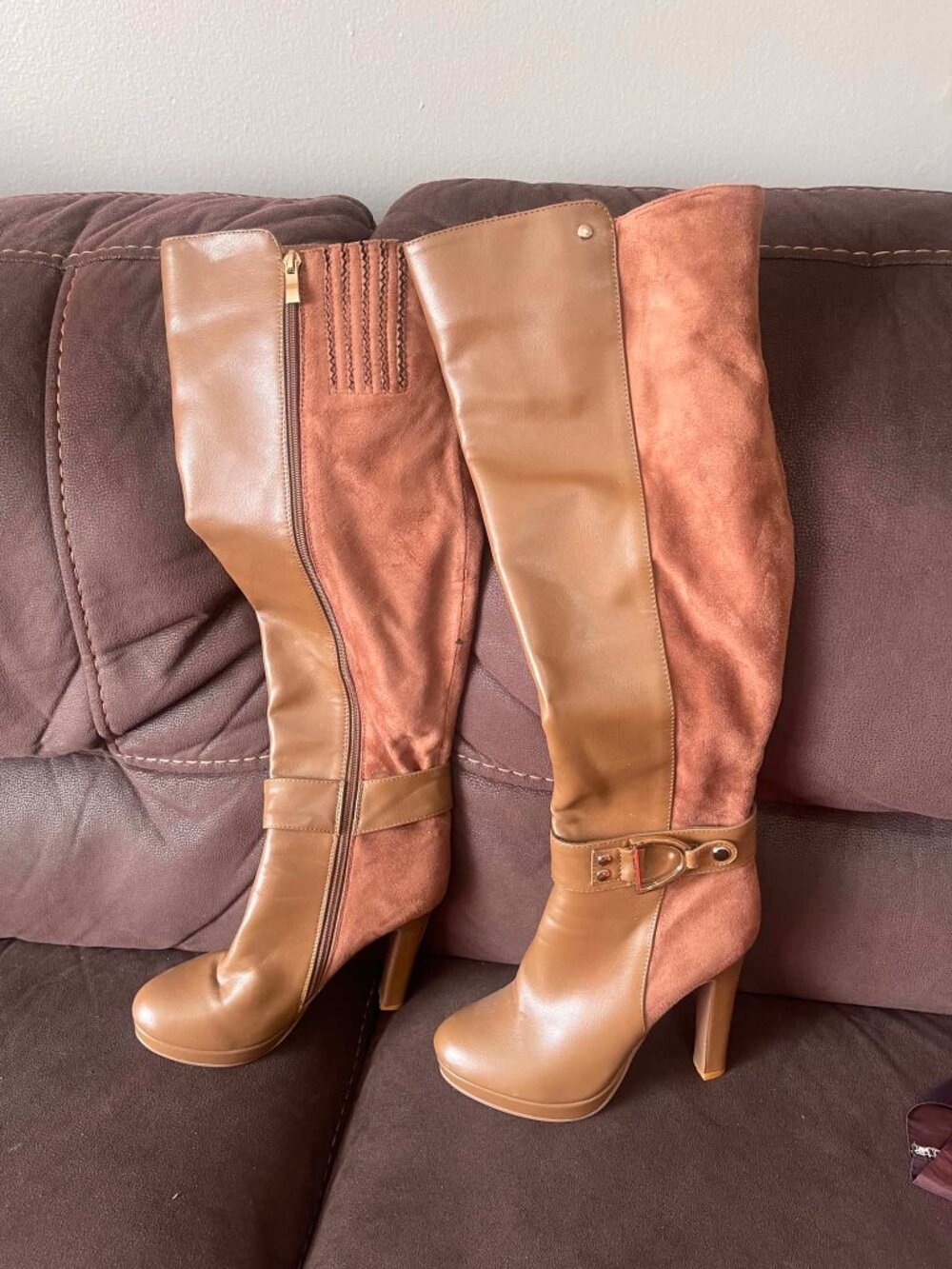 Italina Brown Two-Tone Knee-High Heeled Boots